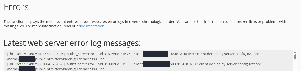 cPanel Errors ekranında AH01630 client denied by server configuration mesajını içeren iki kayıt.
