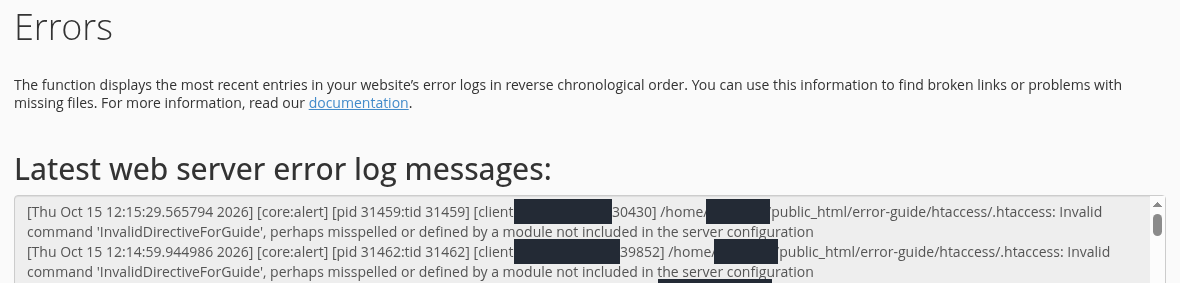 cPanel Errors ekranında .htaccess dosyasındaki InvalidDirectiveForGuide için Invalid command kaydı.