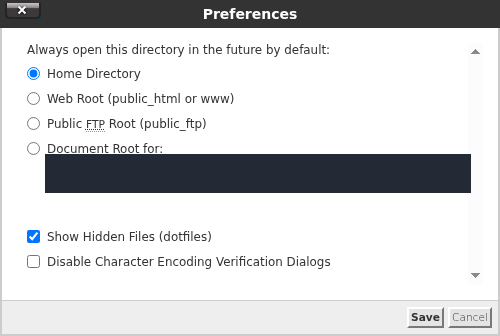 cPanel File Manager Preferences penceresinde Show Hidden Files kutusu ve Save düğmesi.