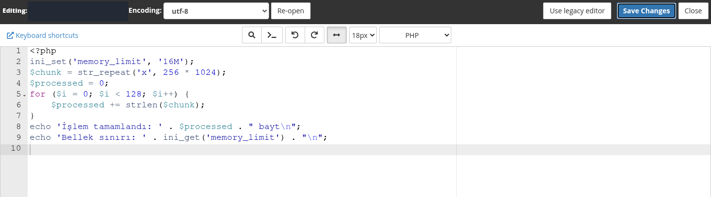 cPanel PHP editöründe 16M sınırı ve aynı 256 KiB dizenin uzunluğunu 128 kez toplayan döngü.