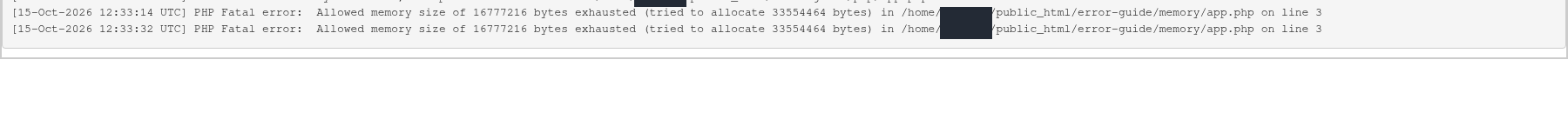 PHP günlüğünde 16777216 bayt bellek sınırı ve 33554464 bayt ayırma isteğini gösteren iki fatal error kaydı.