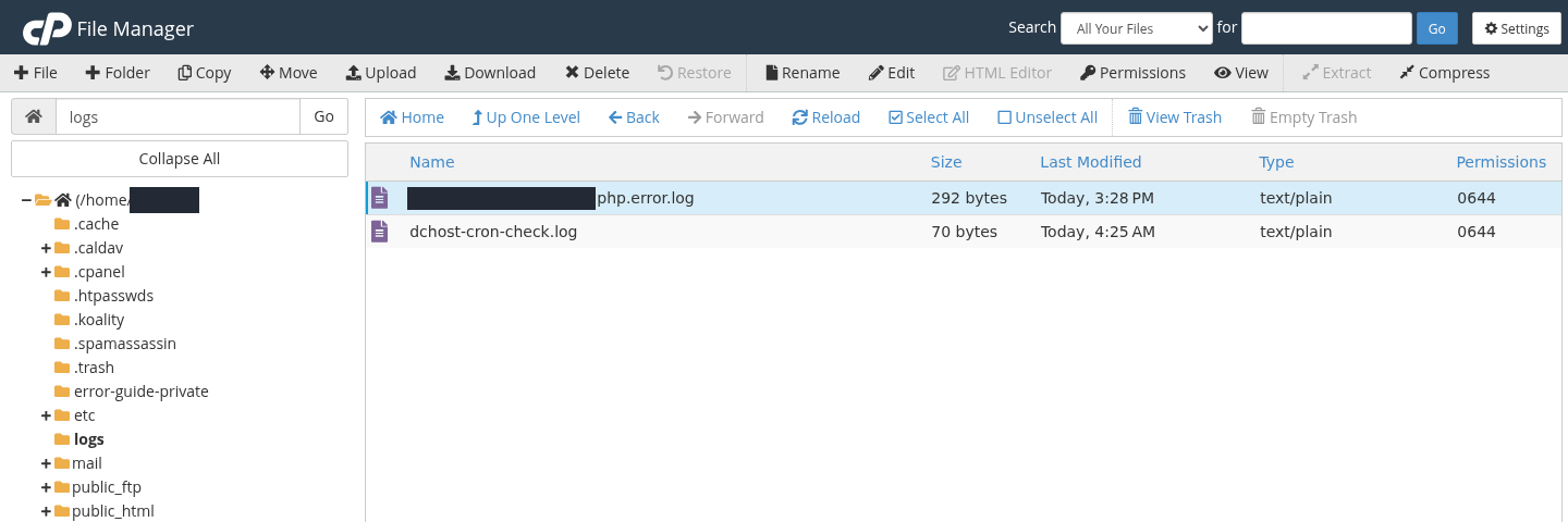 cPanel File Manager içinde Home altındaki logs klasörü ve seçili .php.error.log dosyası.