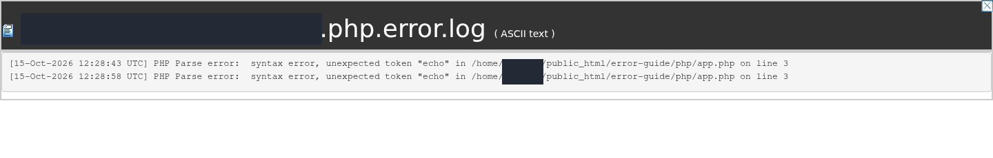 PHP günlüğünde unexpected token echo mesajı ve app.php için line 3 kaydı.