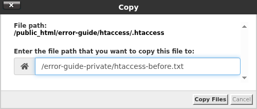 cPanel Copy penceresinde .htaccess kaynağı, public_html dışındaki yedek hedefi ve Copy Files düğmesi.