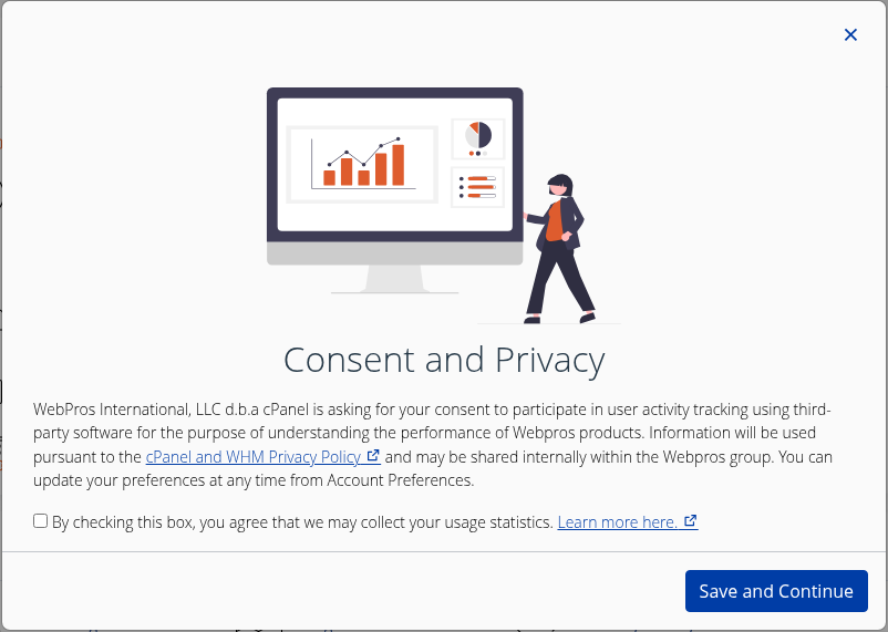 Gerçek cPanel Consent and Privacy penceresinde işaretlenmemiş kullanım istatistiği onayı ve Save and Continue düğmesi.