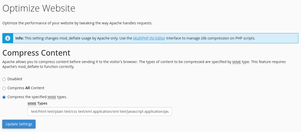 Compress the specified MIME types seçili gerçek cPanel formu ve Update Settings düğmesi.