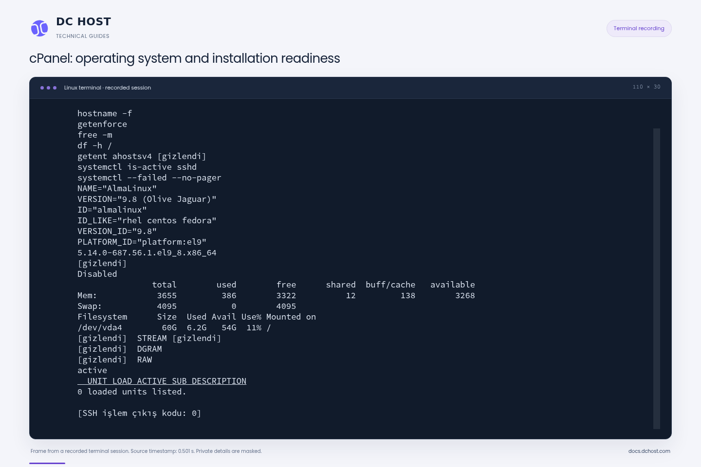 Actual SSH output: AlmaLinux 9.8, SELinux Disabled, swap and free disk space.