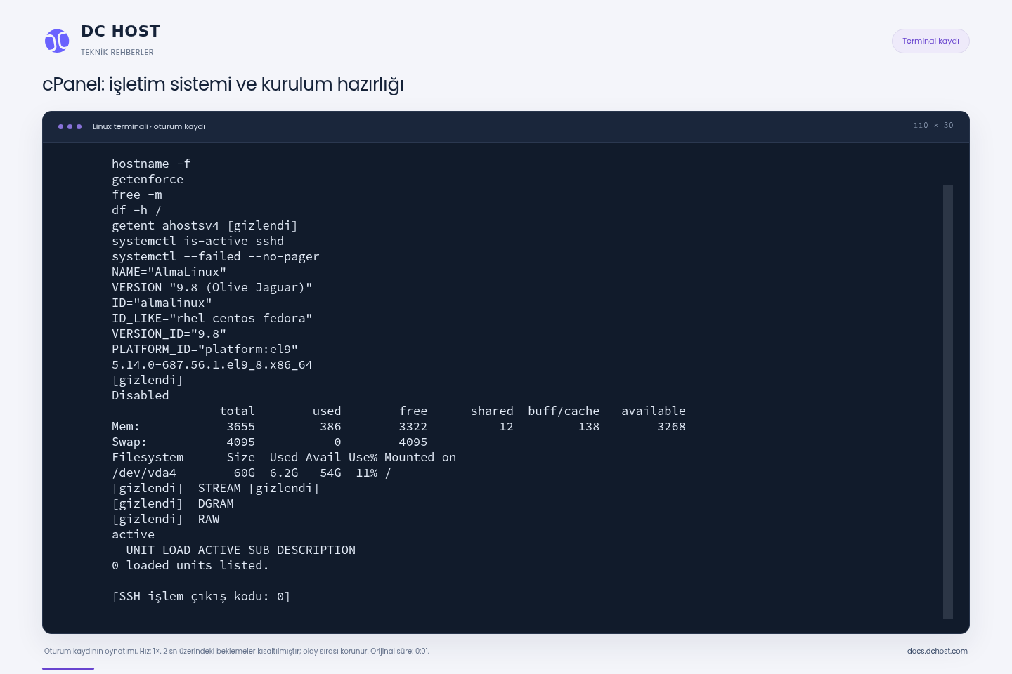 Gerçek SSH çıktısı: AlmaLinux 9.8, SELinux Disabled, swap ve boş disk alanı.