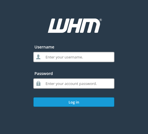 WHM giriş ekranında kullanıcı adı, parola ve Log in düğmesi.