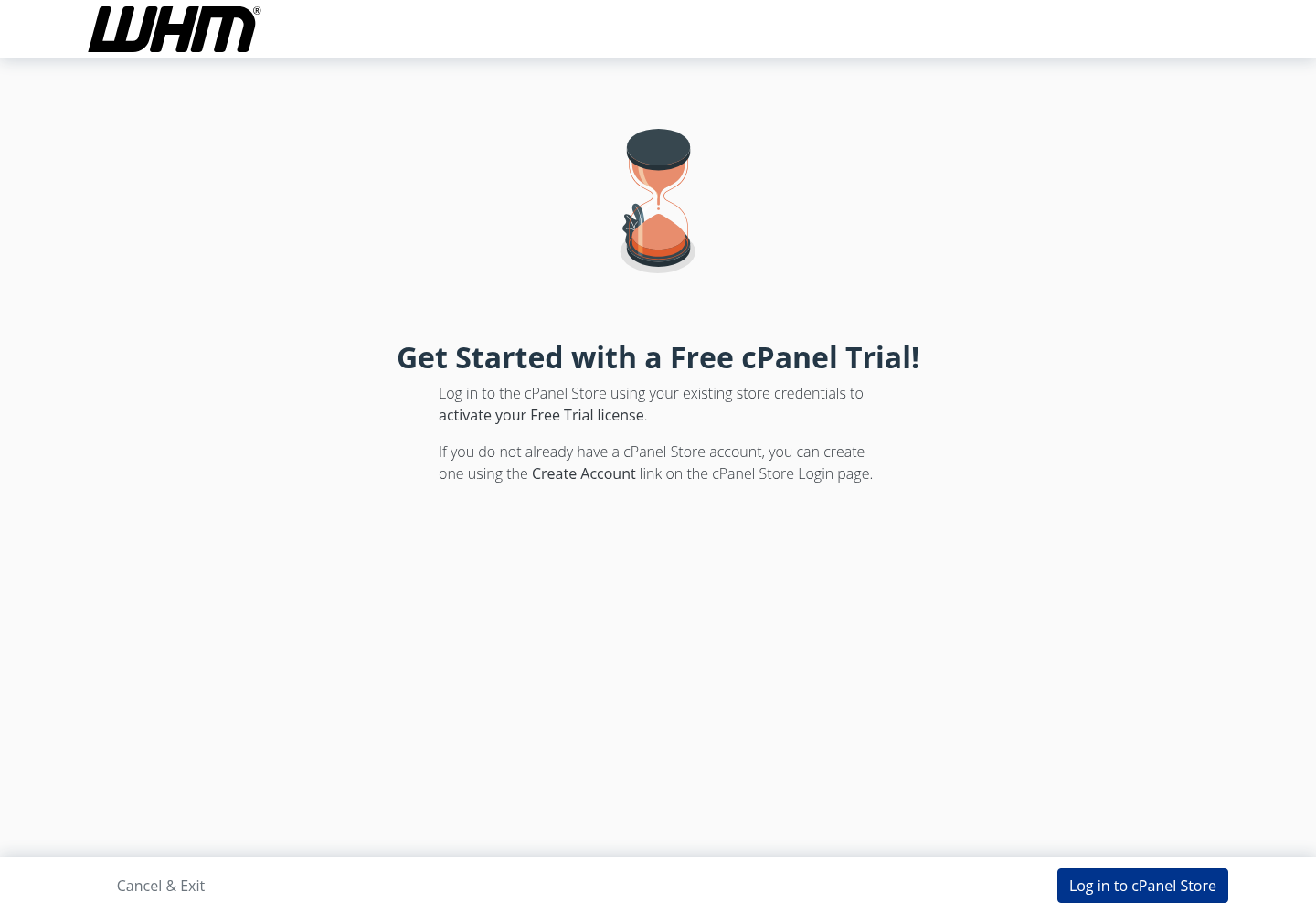 WHM ücretsiz deneme ekranı ve Log in to cPanel Store düğmesi.