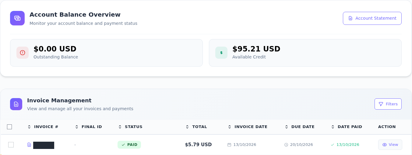 Outstanding Balance 0.00 USD, Available Credit 95.21 USD; fatura listesinde Paid, 5.79 USD ve ödeme tarihi 13/10/2026. Fatura numarası gizlenmiş.