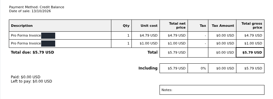 Payment Method Credit Balance; 4.79 ve 1.00 USD kalemleri; Total due 5.79 USD; Paid 0.00 USD ve Left to pay 0.00 USD. Fatura numaraları gizlenmiş.