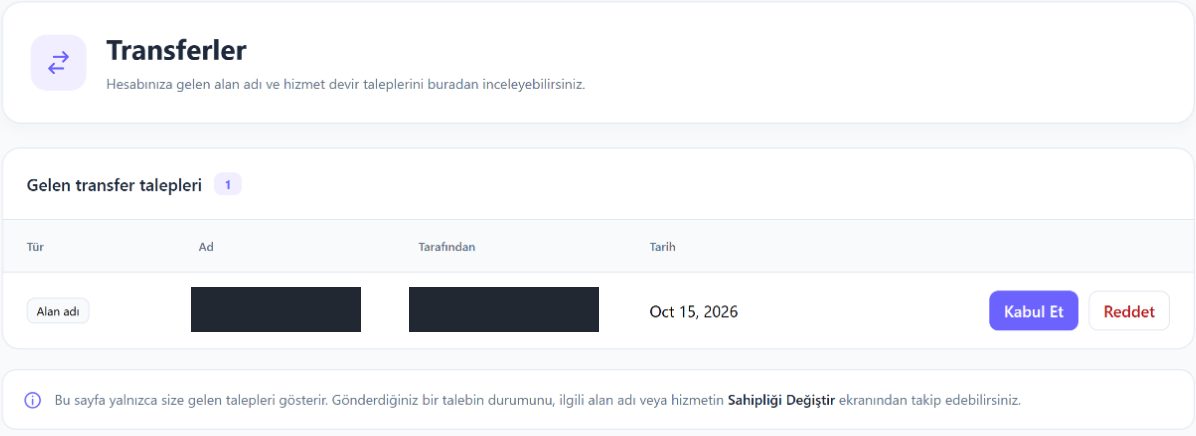 Gelen alan adı devir talebi, Kabul Et ve Reddet düğmeleri; alan adı ve gönderen bilgileri gizlenmiştir.