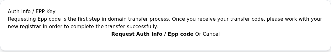 Auth Info / EPP Key açıklaması ve Request Auth Info / Epp code düğmesi; henüz istenmiş bir kod görünmüyor.