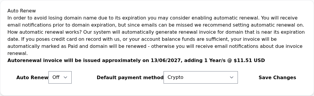 Auto Renew açıklaması, örnek yenileme dönemi ve tutarı, Off seçimi, Default payment method ve Save Changes.