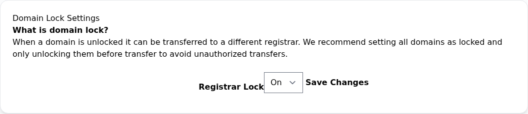 Domain Lock Settings açıklaması, On seçili Registrar Lock alanı ve Save Changes düğmesi.