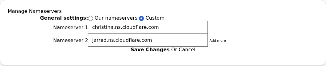 Manage Nameservers formunda Custom seçimi, Nameserver 1 ve 2, Add more, Save Changes ve Cancel.