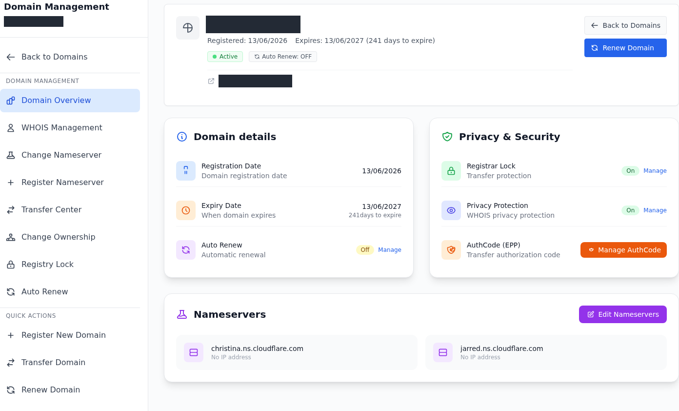Alan adı ve proje kimliği gizlenmiş Domain Overview; tarih, Registrar Lock, Privacy Protection, AuthCode ve Nameservers bölümleri.