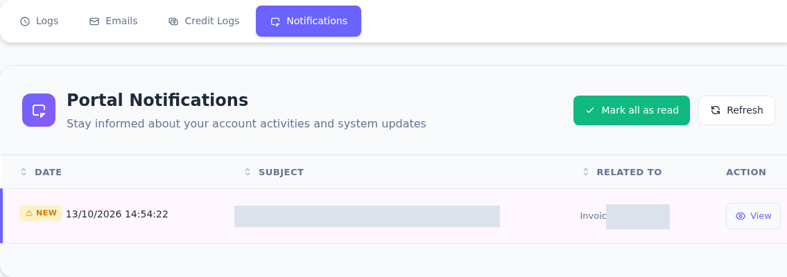 Portal bildiriminden ilgili kayda geçin; özel bilgiler gizlendi.