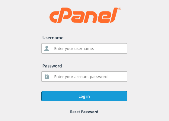 Gerçek ve boş cPanel Login formunda Username, Password ve Log in alanları.