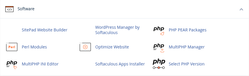 Gerçek cPanel Software grubunda Softaculous Apps Installer, WordPress Manager by Softaculous ve PHP araçları.