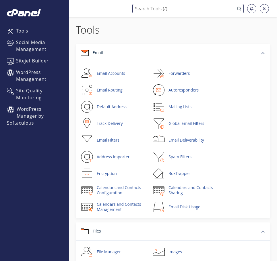 Gerçek cPanel Tools sayfasında Search Tools arama alanı, Email ve Files grupları; doğal dar pencere görünümü.