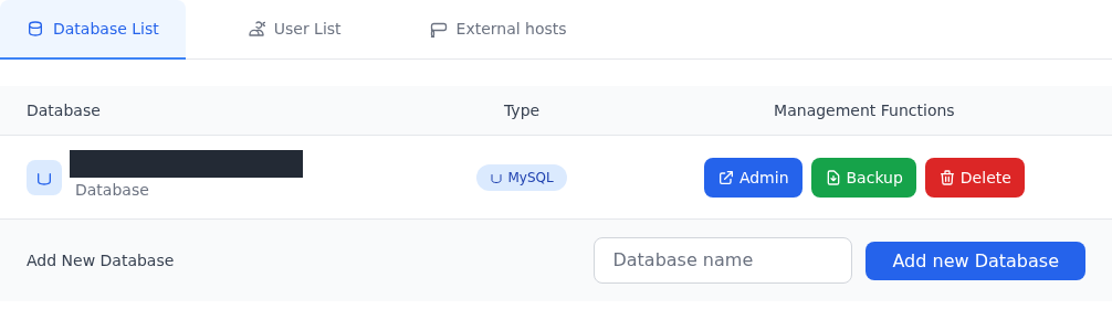 Database List içinde adı gizlenmiş veritabanı, MySQL türü ve Admin, Backup, Delete kontrolleri.