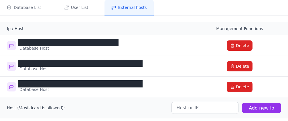External hosts sekmesi; gizlenmiş mevcut IP/sunucu kayıtları, Delete ve Host veya IP ekleme alanı.