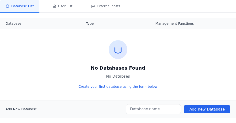 Database List, User List, External hosts sekmeleri; No Databases Found ve Add New Database alanı.