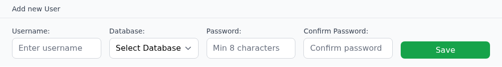 Add new User formunda Username, Database, Password, Confirm Password ve Save; form boş ve gönderilmemiş.