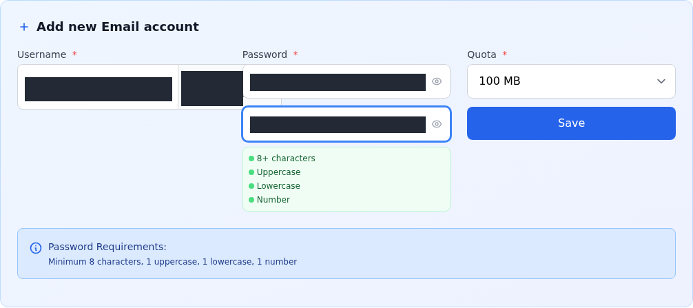 Doldurulmuş Add new Email account formunda gizlenmiş kullanıcı adı ve parolalar, 100 MB kota, parola koşulları ve Save düğmesi.