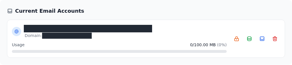 Current Email Accounts içinde adresi ve alan adı gizlenmiş gerçek posta kutusu, 0/100.00 MB kullanım ve parola, kota, webmail, silme simgeleri.