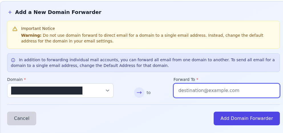 Add a New Domain Forwarder uyarısı, Domain, Forward To, Cancel ve Add Domain Forwarder alanları.