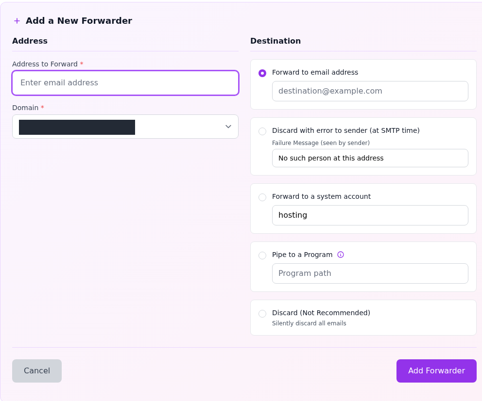 Add a New Forwarder formu: Address to Forward, gizlenmiş Domain, Forward to email address, diğer teslim seçenekleri ve Add Forwarder.