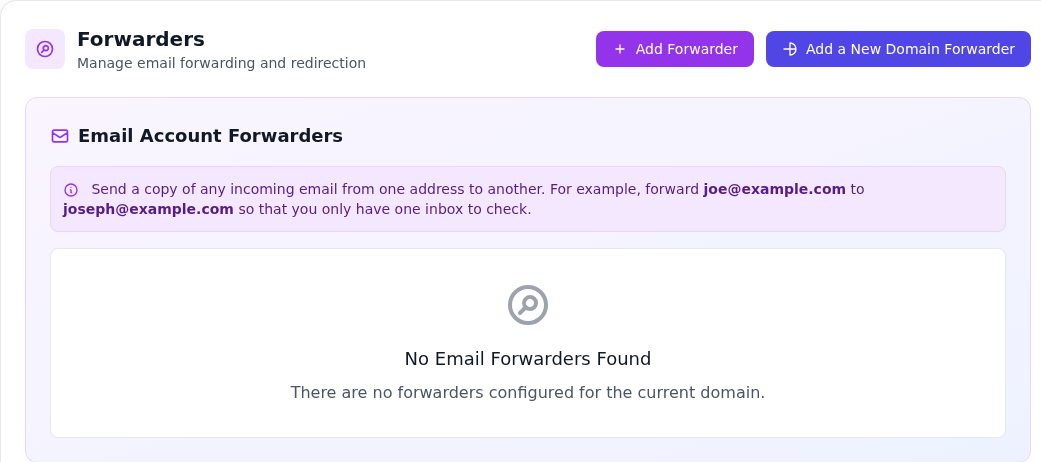 Forwarders sayfasında Add Forwarder, Add a New Domain Forwarder ve No Email Forwarders Found boş durumu.