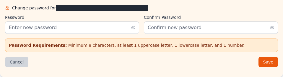 Adres gizlenmiş Change password formunda boş Password ve Confirm Password alanları, parola koşulları, Cancel ve Save.