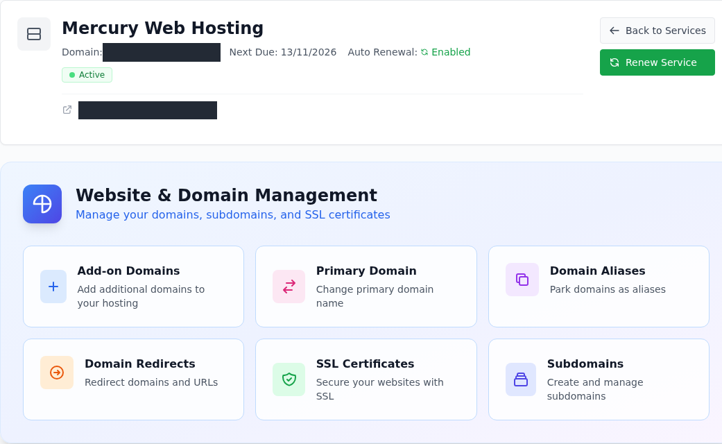 Active durumundaki Mercury Web Hosting ve alan adı yönetim kartları; hizmetin alan adı gizlenmiş.