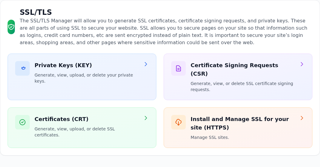 SSL/TLS ekranında Private Keys, Certificate Signing Requests, Certificates ve Install and Manage SSL kartları.