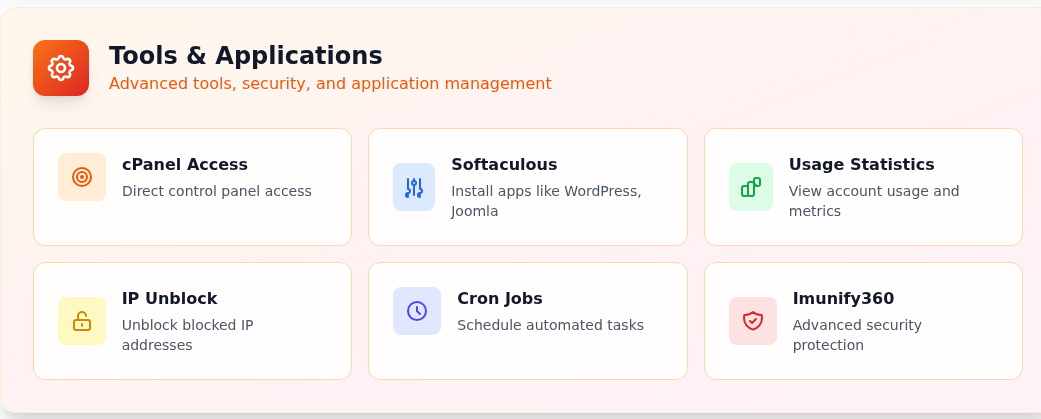 cPanel Access, Softaculous, Usage Statistics, IP Unblock, Cron Jobs ve Imunify360 kartları.