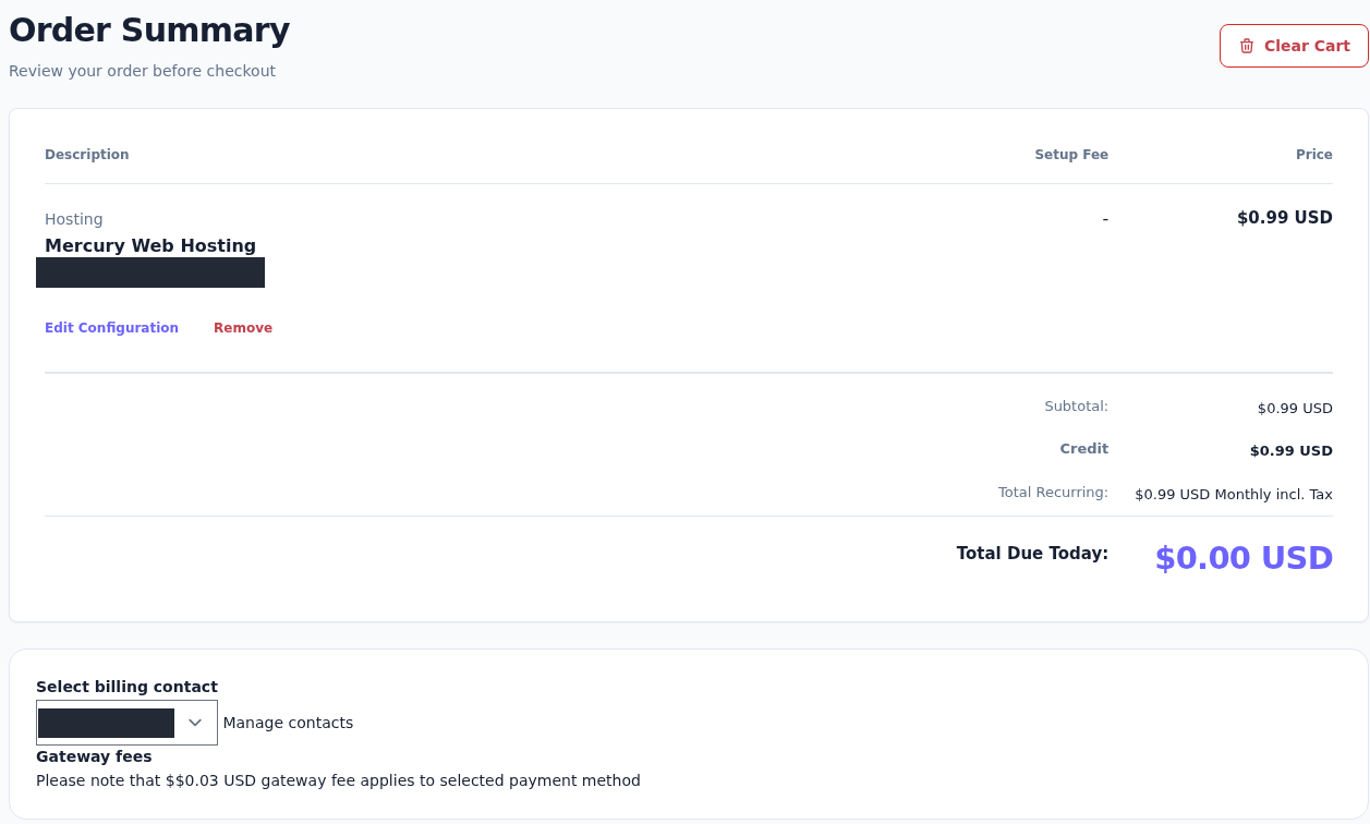 Mercury Web Hosting sepeti: Subtotal 0.99 USD, Credit 0.99 USD, Total Recurring 0.99 USD Monthly incl. Tax, Total Due Today 0.00 USD; 0.03 USD gateway fee uyarısı. Alan adı ve fatura kişisi gizlenmiş.