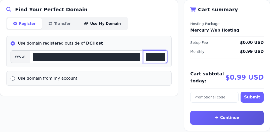 Use My Domain, Use domain registered outside of DCHost, ayrı ad ve uzantı kutuları, Use domain from my account ve Continue; girilen alan adı gizlenmiş.