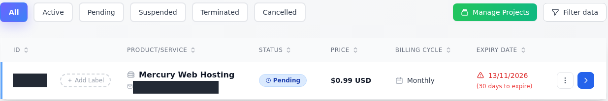 Mercury Web Hosting satırında Pending, 0.99 USD, Monthly ve 13/11/2026 tarihi; hizmet numarası ve alan adı gizlenmiş.