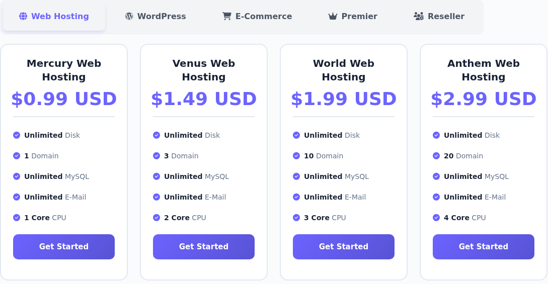 Web Hosting kataloğunda Mercury, Venus, World ve Anthem paketleri; Mercury Web Hosting 0.99 USD ve Get Started düğmesi.