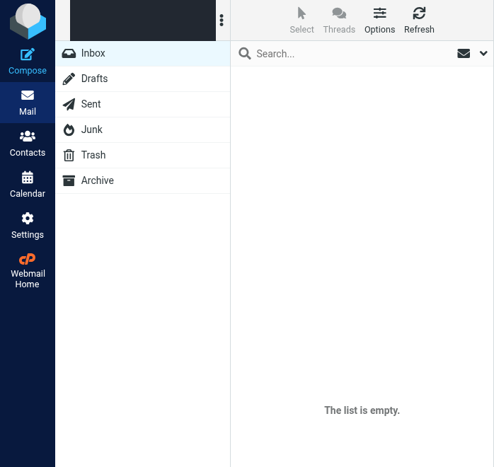 Roundcube gelen kutusu; üstte hesap adı gizlenmiş, solda Inbox klasörü ve ileti listesinde The list is empty. mesajı görünür.