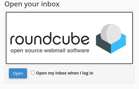 Open your inbox başlığı altında Roundcube logosu, Open düğmesi ve isteğe bağlı Open my inbox when I log in seçeneği.
