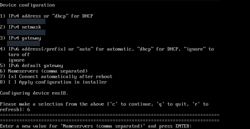 DNS sunucularını virgülle ayırarak girin; gerçek CentOS Stream kurulum ekranı.
