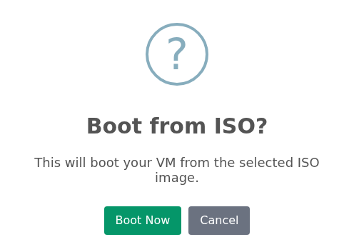 Boot from ISO? onay penceresi; seçili ISO’dan başlatma açıklaması ile Boot Now ve Cancel düğmeleri.