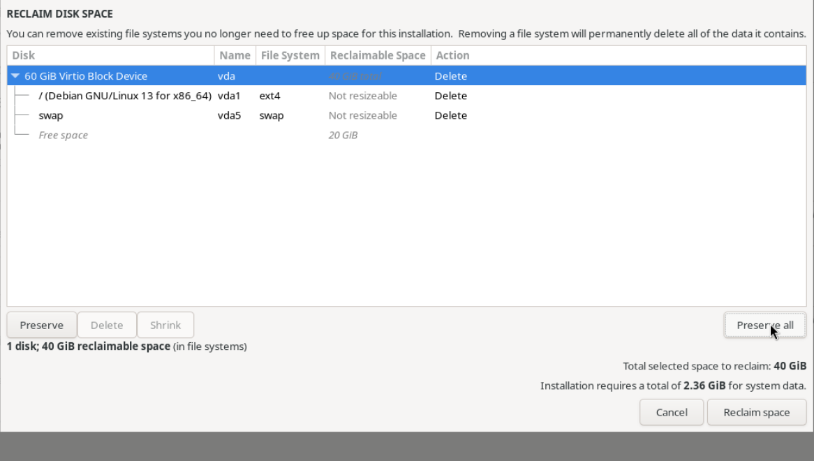 Reclaim Disk Space penceresinde disk ve bölüm satırları Delete olarak planlanmış, seçili geri kazanılacak alan 40 GiB ve Reclaim space düğmesi etkin.