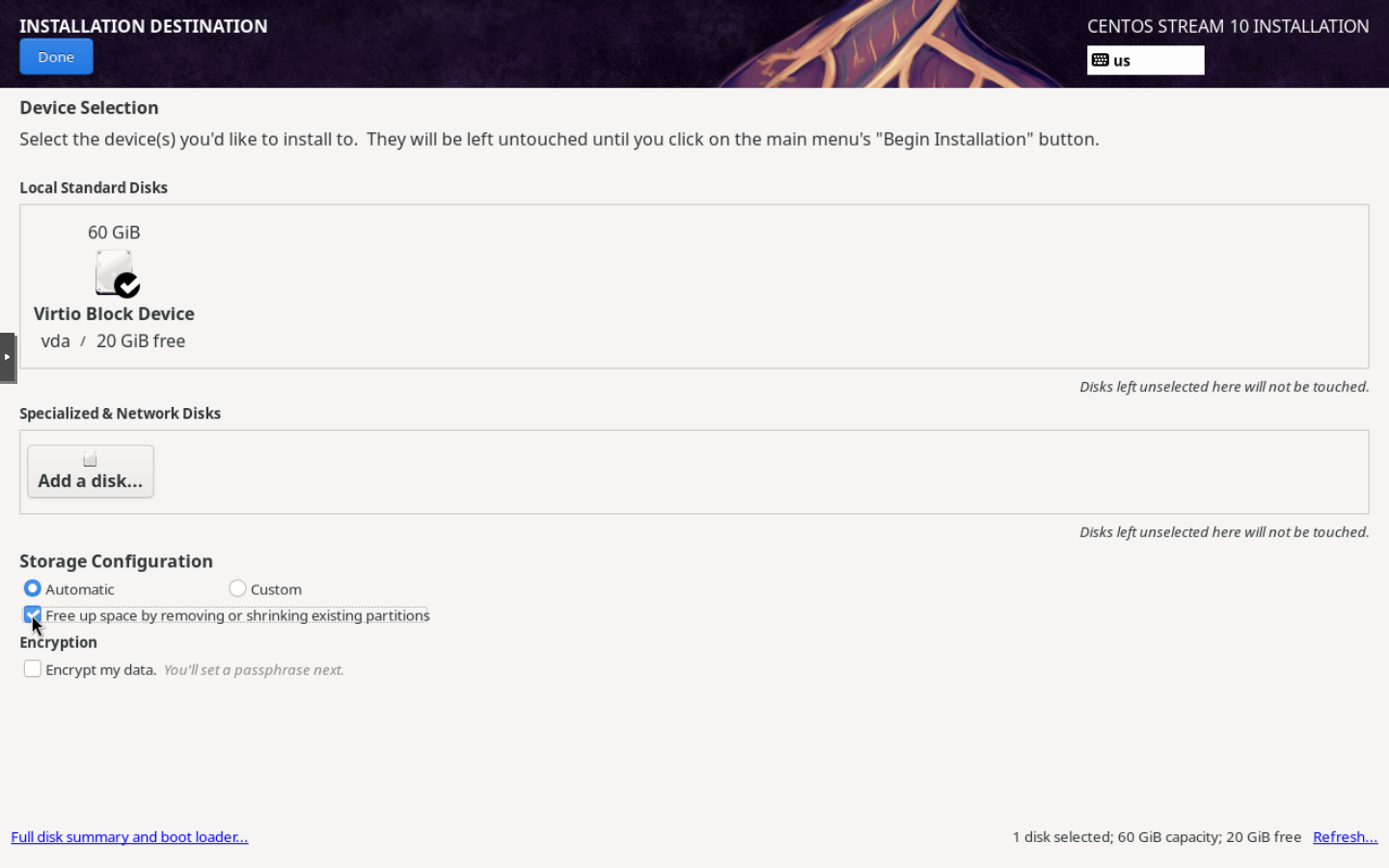 CentOS Installation Destination ekranında seçili 60 GiB vda diski, Automatic ve Free up space seçenekleri ile Done düğmesi.