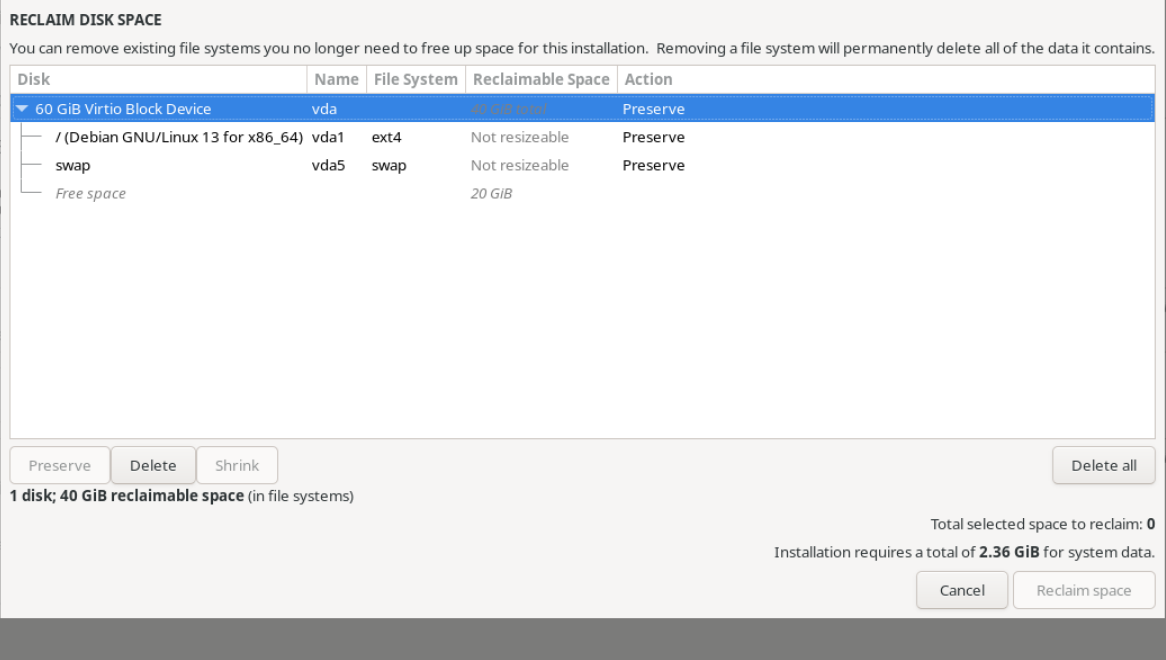 Reclaim Disk Space penceresinde 60 GiB vda diski, Debian 13 vda1 ext4 ve vda5 swap bölümleri Preserve durumunda; Delete all düğmesi kullanılabilir.